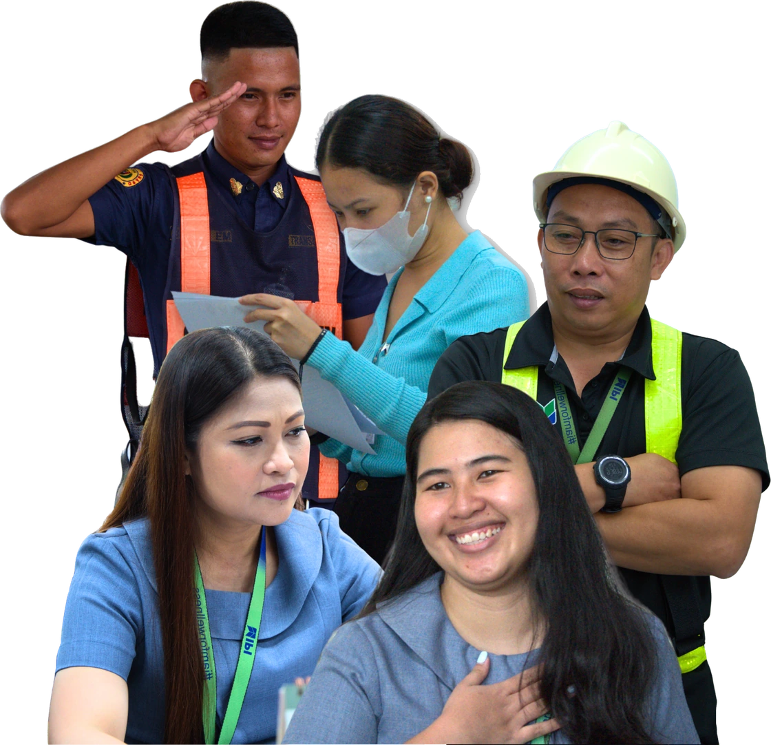 Five IPI employees together — a saluting security officer, a colleague reviewing paperwork, an emergency response team member in a hard hat, an office staff member at work, and a smiling colleague with her hand on her heart.