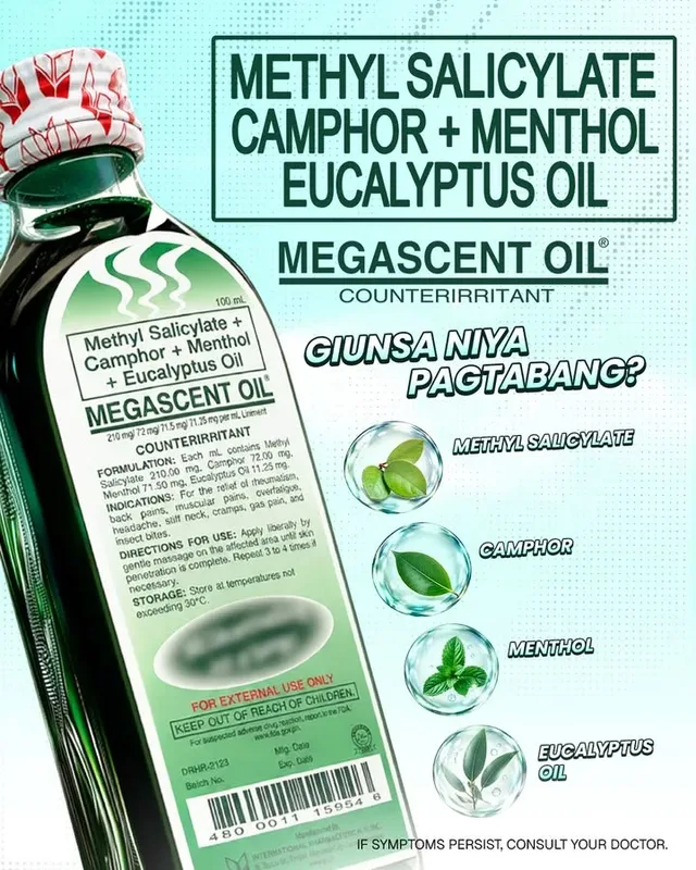 Giunsa pagtabang sa Methyl Salicylate + Camphor + Menthol + Eucalyptus Oil (Megascent Oil)? Aduna kini upat ka active i…