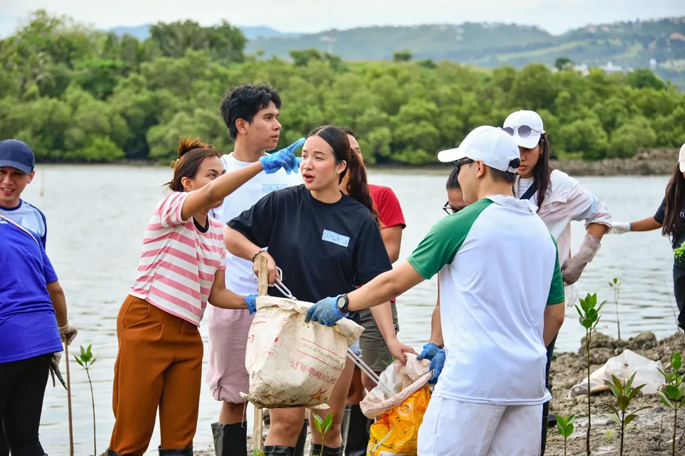 IPI employees planting mangrove propagules by hand across a tidal flat during the company’s EcoWellness mangrove planting day