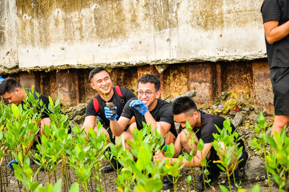 IPI employees planting mangrove propagules by hand across a tidal flat during the company’s EcoWellness mangrove planting day