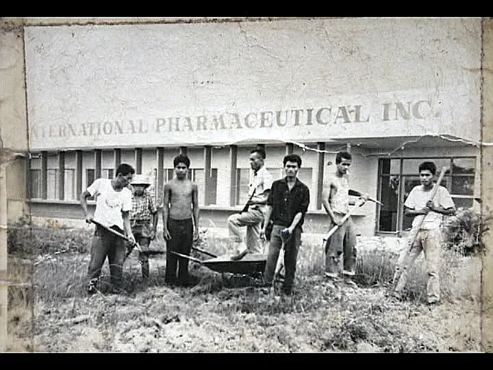 An archive photograph from IPI’s early decades, showing staff at the company’s Cebu premises and at company gatherings